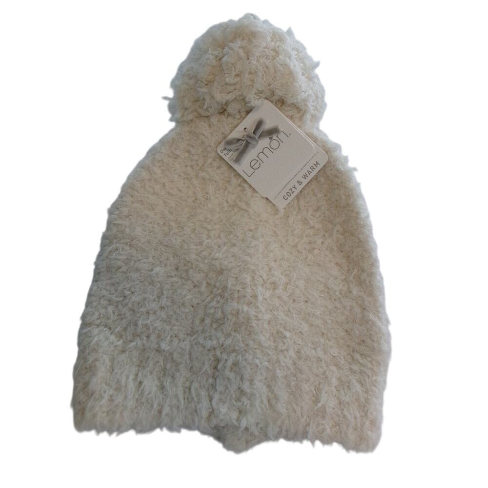 Lemon Cozy & Warm Womens Fuzzy Pom Beanie Ivory Cream Plush Knit Hat NWT